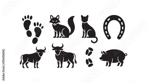 Animal icon set. human footprint, fox, cat, horseshoe, bull, cow, pig paw print illustration