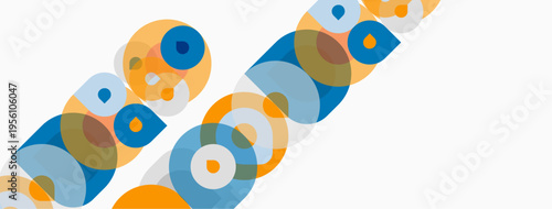 Abstract circles overlap, creating vibrant patterns. Orange, blue, light blue hues dominate design. Minimalist, modern aesthetic.