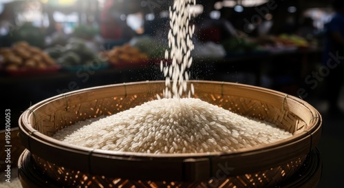 White rice grains falling into traditional woven bamboo basket at marketplace