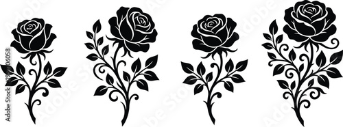 Four black rose silhouettes with leaves and stems, floral designs, decorative elements, elegant and simple illustrations, black and white graphics, minimalist flower icons