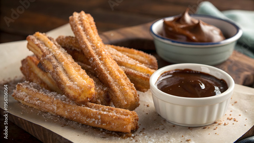Close up of delicious cinnamon sugar coated churros with chocolate dip
