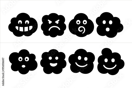 Silly Cloud Icons. Silly Cloud Characters. Filled icon set of Silly Cloud Characters: goofy grin cloud,
