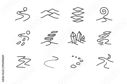 Surreal Desert Icons. Surreal desert pathways. Line outline icon set of surreal desert pathways: winding light