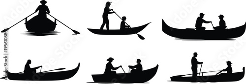 Collection of people rowing boat silhouettes isolated on white background, canoe paddling vector set, outdoor water activity scenes, black adventure shapes for travel and recreation design