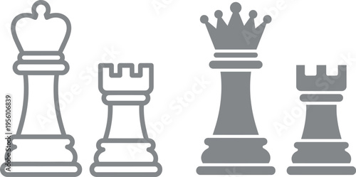 Four distinct chess pieces on a plain background, showcasing king, queen, rook, and rook