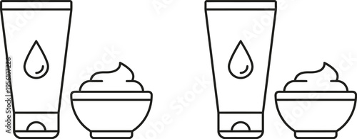 Simple illustrations of cosmetic product packaging and containers, showcasing tubes and bowls with a minimalist design, emphasizing skincare and beauty items.