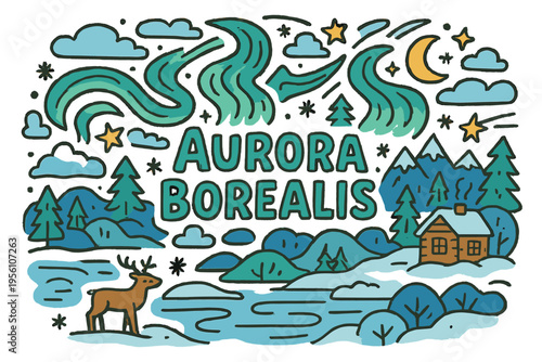 Aurora Borealis Doodle. Aurora borealis. Hand-drawn doodle illustration of aurora borealis. Wavy light trails,