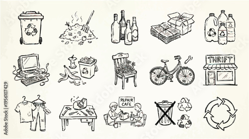 Set of 15 Hand-Drawn Recycle and Reuse Icons Vector Illustration for Sustainable Living, Waste Management, and Eco-Friendly Concepts