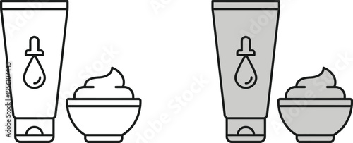 Simple illustrations of cream tubes and bowls, showcasing product packaging and contents in a minimalist style.