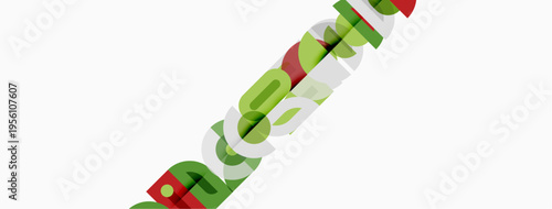 Abstract graphic design featuring colorful, overlapping letterforms. White background contrasts with green, gray, red elements. Modern aesthetic.