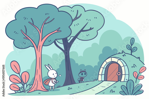 Fantasy portal forest cartoon background simple vector illustration