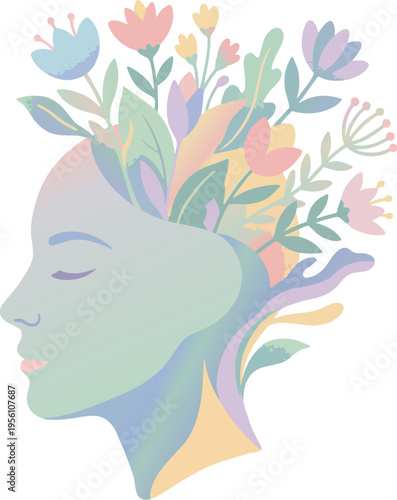 Woman head with flowers growing out colorful illustration