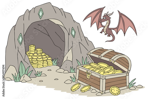 Dragon cave treasure hall cartoon background simple vector illustration