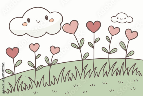 Kawaii heart meadow cartoon background simple vector illustration