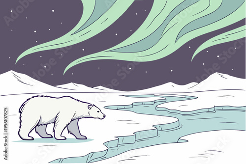 Arctic aurora ice field cartoon background simple vector illustration