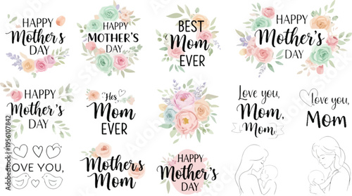 Collection of mother's day greeting designs with floral and heart motifs