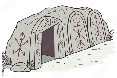 Ancient rune cavern walls cartoon background simple vector illustration