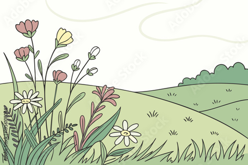 Scenic wildflower prairie field cartoon background simple vector illustration
