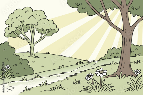 Bright forest clearing with sunlight rays simple vector illustration