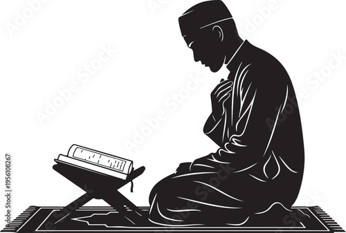 Vector silhouette of man reading Quran on prayer mat