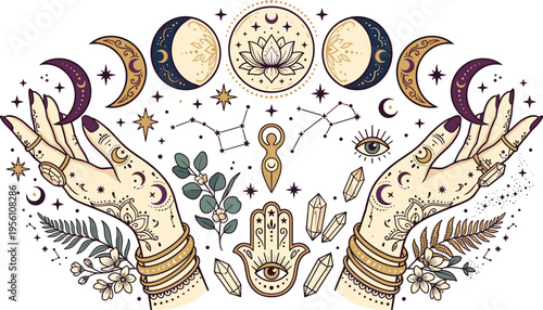 Mystical cosmic hands adorned with celestial symbols and crystals, evoking spiritual and esoteric themes