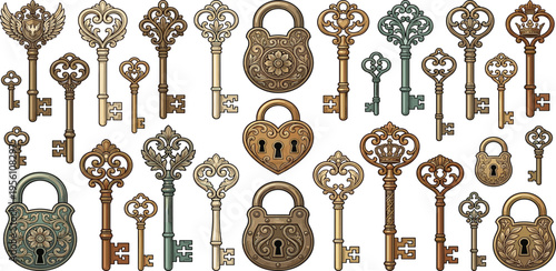 Vintage antique keys and locks, ornate decorative historical antique hardware collection