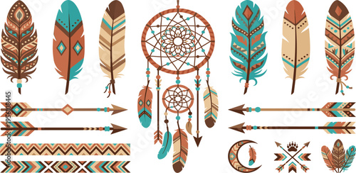 Bohemian tribal dream catcher and feather graphic elements set with patterned arrows and cultural motifs for artistic and free-spirited design projects
