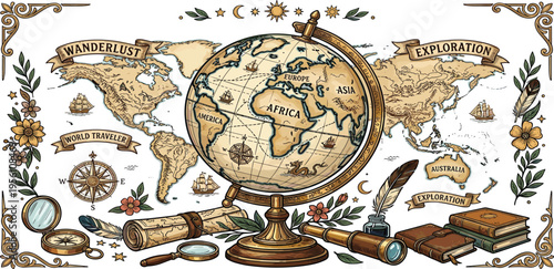 An illustrative collection of vintage adventure and exploration symbols, including compasses, arrows, and camping gear