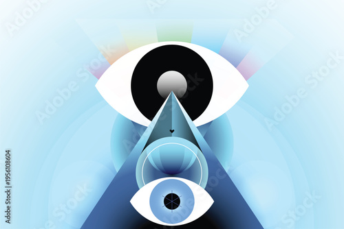 A modern flat vector illustration featuring a stylized all-seeing eye, a pyramid, and spheres on a light blue gradient background.