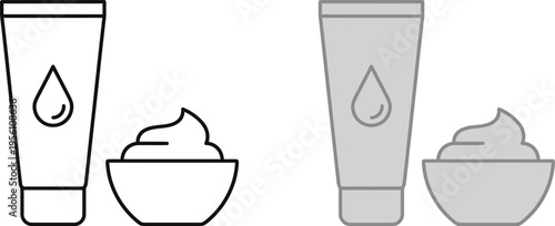 Cosmetic product icons featuring tubes and bowls of cream, skincare and beauty items, lotion and moisturizer symbols, water drop illustrations