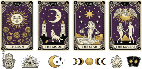Esoteric Tarot cards, mystical celestial symbols of the sun, moon, star, and lovers, with amulets and crystals for divination and astrology