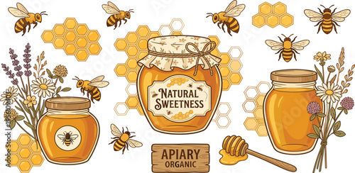 Illustrations of honey jars, bees, honeycombs, and flowers depicting the natural sweetness of apiary products and organic ingredients