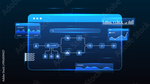 AI workflow automation artificial intelligence. ai agent workflow diagram dashboard machine learning architecture data processing system, analytics diagram and automation flow system.