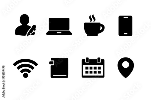Remote Work Icons. Entrepreneur blogger working remotely. Filled icon set of Entrepreneur blogger working
