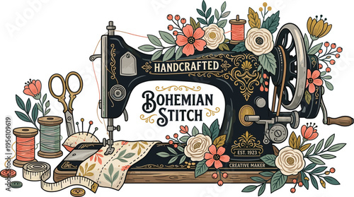 Vintage sewing machine adorned with flowers and craft supplies, perfect for handmade projects and creative businesses