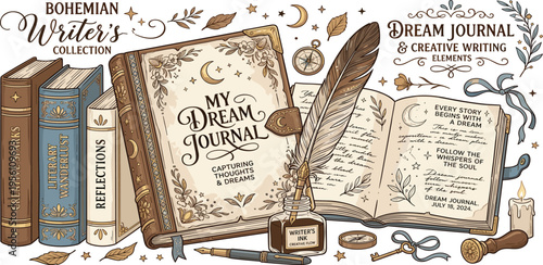 Bohemian Writer's Collection Dream Journal and Creative Writing Elements for Inspiration and Imagination