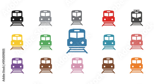 A collection of colorful train icons and subway symbols arranged in a grid pattern, representing various modes of public transportation.