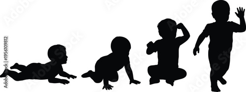Baby growth stages silhouettes showing crawling, sitting, and walking toddler development, black vector illustration of early childhood milestones, perfect for parenting, education, and design