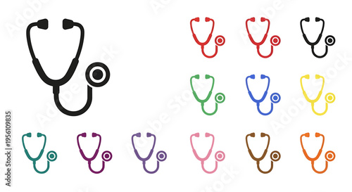 Collection of colorful stethoscope icons representing medical and healthcare symbols on a white background.