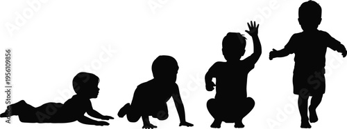 Baby development stages silhouettes showing crawling, sitting, and walking toddler growth sequence, black vector illustration representing early childhood milestones, parenting, education