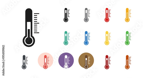 Colorful set of thermometer icons representing temperature measurement, weather, and climate conditions in various styles.