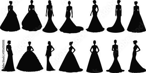 Elegant women evening gown silhouettes collection featuring stylish female models in long dresses, black vector illustration perfect for fashion design, bridal, luxury branding, and beauty themes
