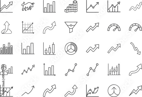 Business growth and financial success progress line icon set