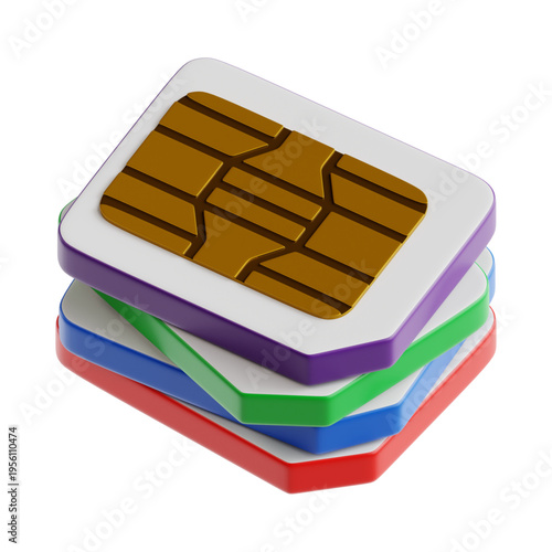Stack of colorful 3D SIM cards for mobile connectivity and telecommunication