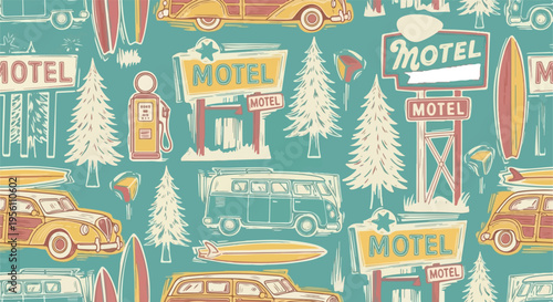 Retro Road Trip Seamless Pattern with Vintage Motel and Surf Van