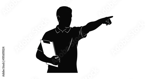 Silhouette of young man pointing finger holding clipboard in black isolated on white background for business presentation concept