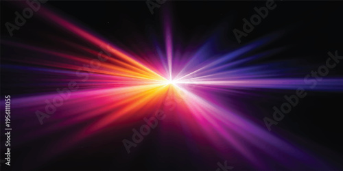 An abstract blue background featuring a bright star burst and glowing laser beams creates a shiny energy flare design with a vibrant space disco light illustration