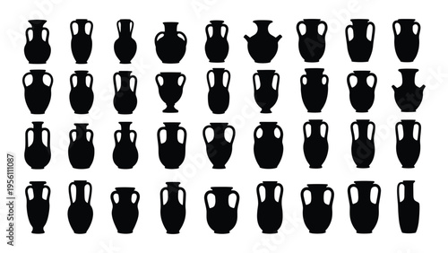 Collection of 36 black silhouettes of ancient greek amphorae