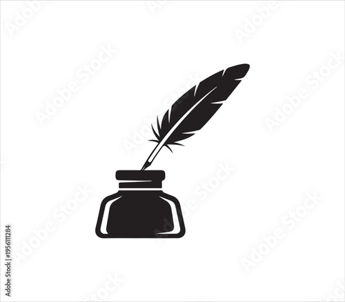 Black feather quill pen inside an inkwell vector illustration design
