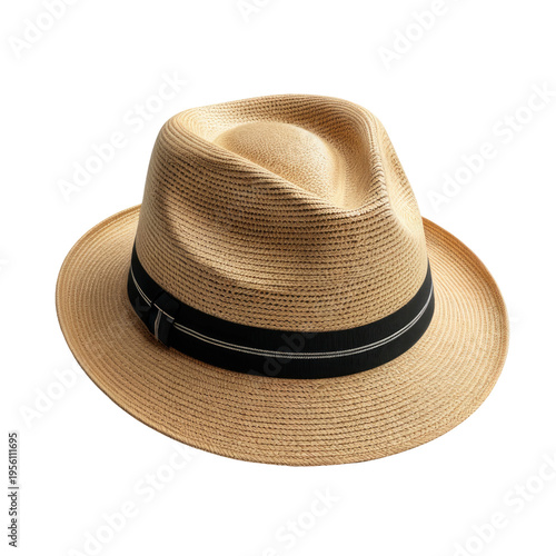 Woven light brown hat with a black and gray band, set against black